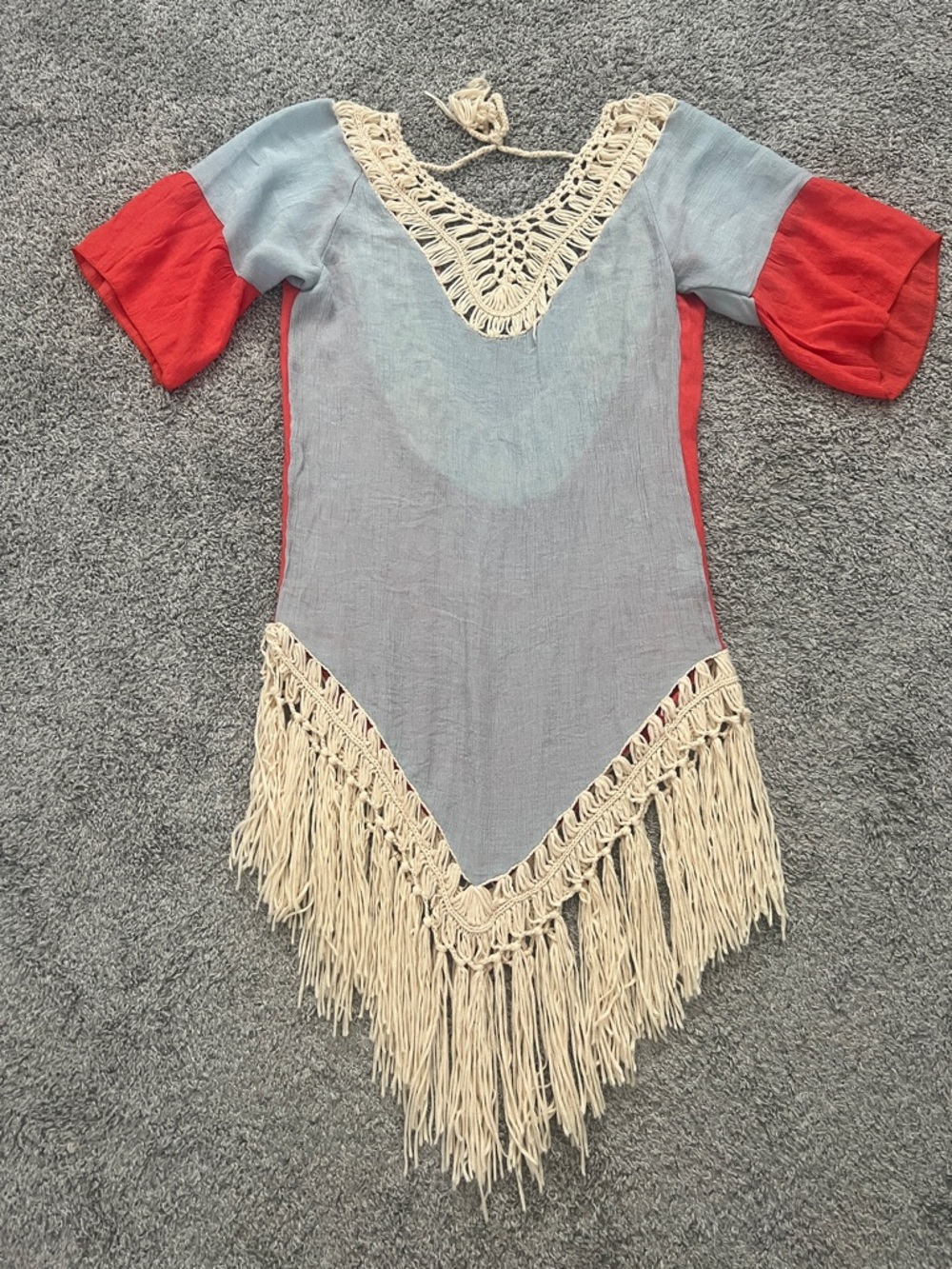 SHEIN Colorblock Light Blue & Red Boho Fringe Hem Cover-Up Summer Tunic Size OS - Picture 3 of 10